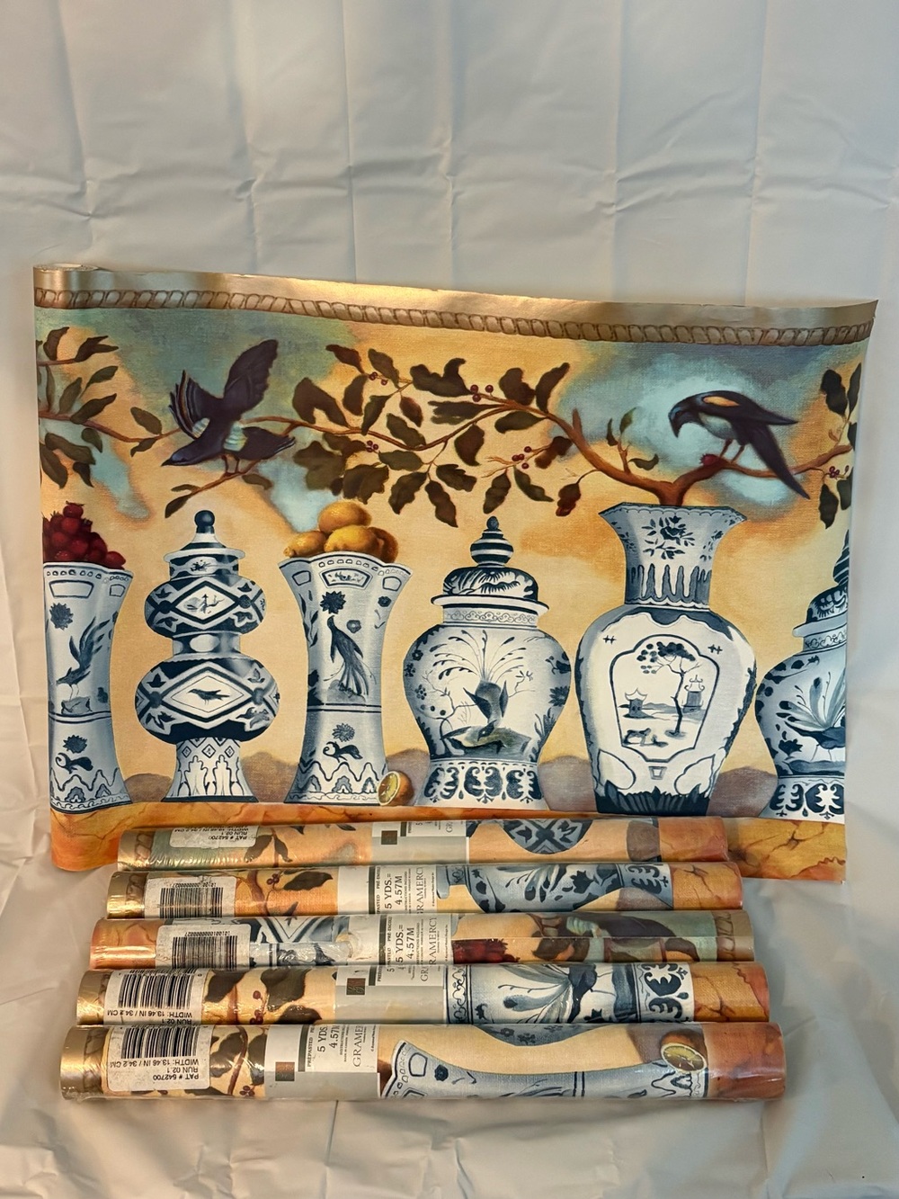 Blue and Gold Decorative Chinoiserie Vase Wallpaper Panel - Raymond Waites